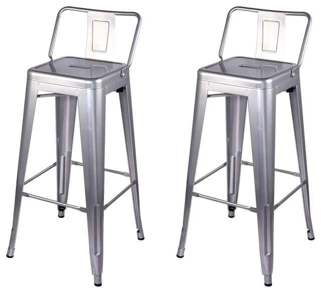 Metal Silver Bar Stools With Lowback, Set of 2 Industrial Bar