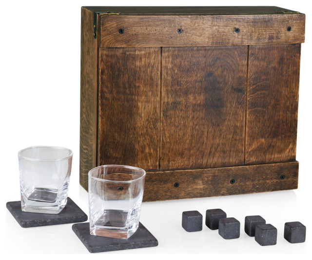 Whiskey Box Gift Set, Oak Wood Transitional Liquor Glasses by