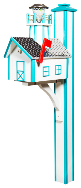 Deluxe Mailbox with Lighthouse and Post, White & Aruba Blue, Aluminum Diamond Plate Roof