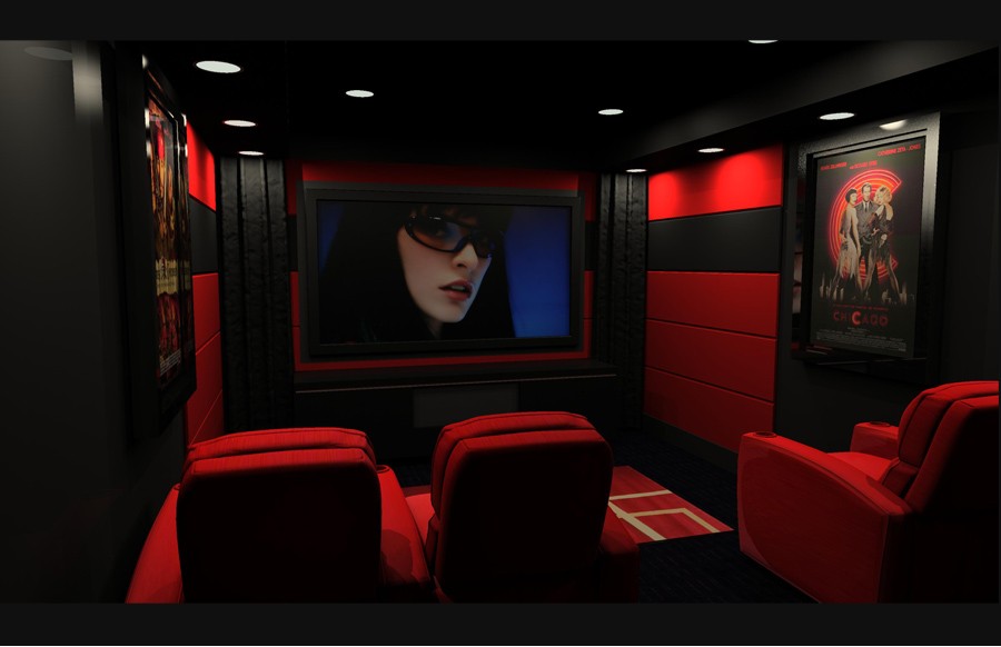 Small contemporary enclosed home theatre in Miami with red walls, carpet and a projector screen.