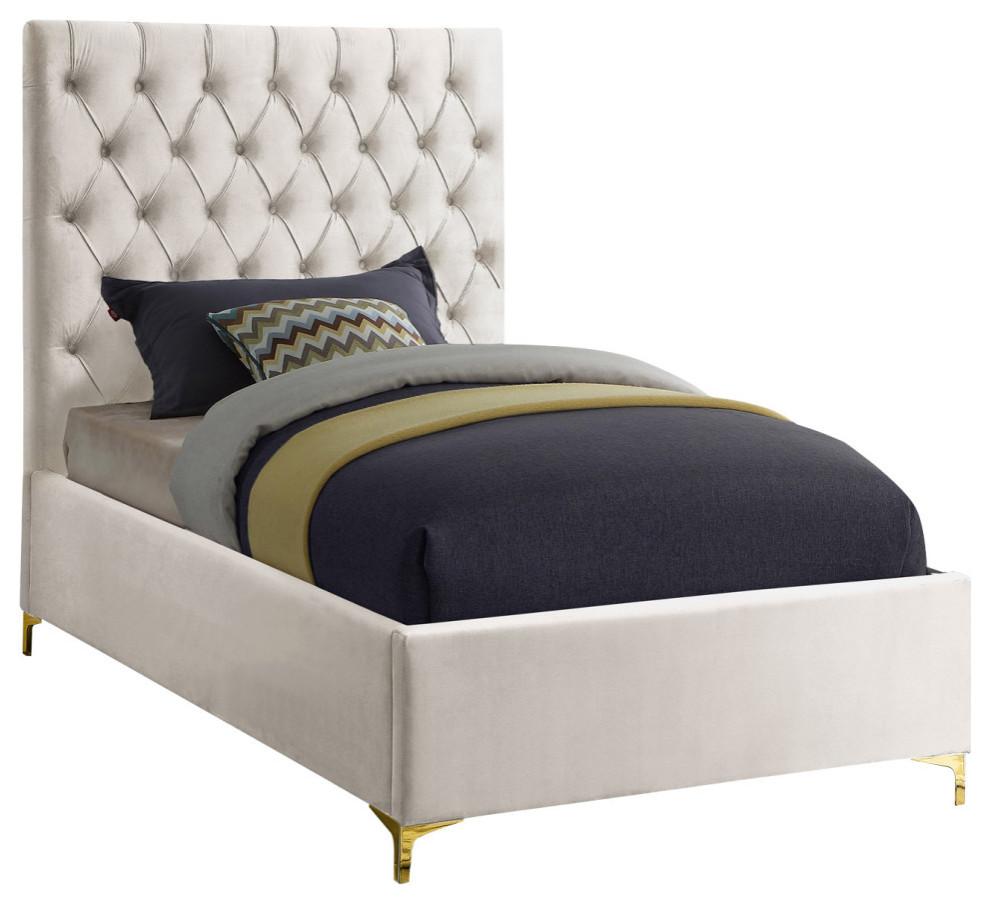 Cruz Velvet Upholstered Bed, Cream, Twin