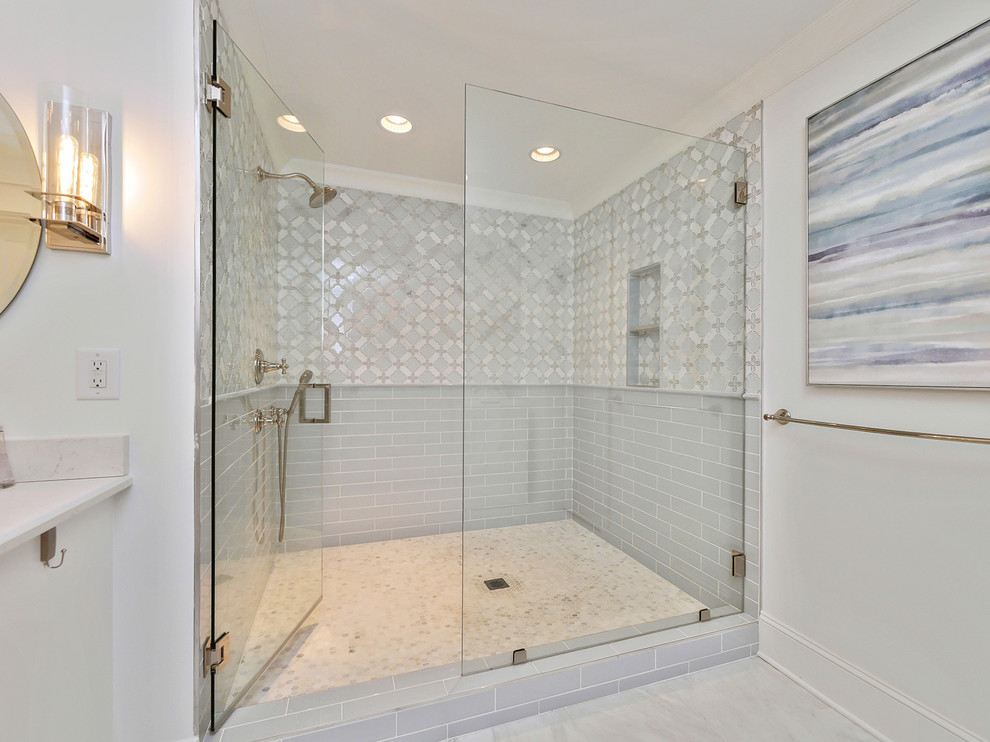 Inspiration for a large country master bathroom in Charlotte with shaker cabinets and a hinged shower door.