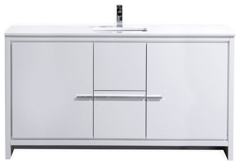 Dolce Modern Bathroom Vanity With White Quartz Counter-Top, High Gloss White, 60
