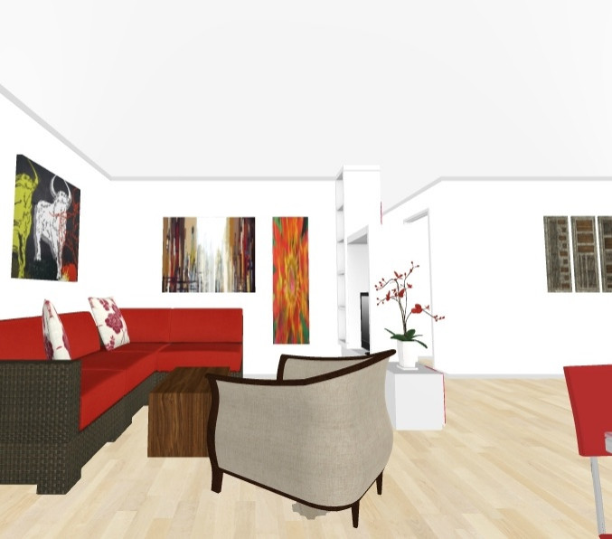Kleines, Offenes Maritimes Wohnzimmer ohne Kamin mit weißer Wandfarbe und Vinylboden in Sonstige
