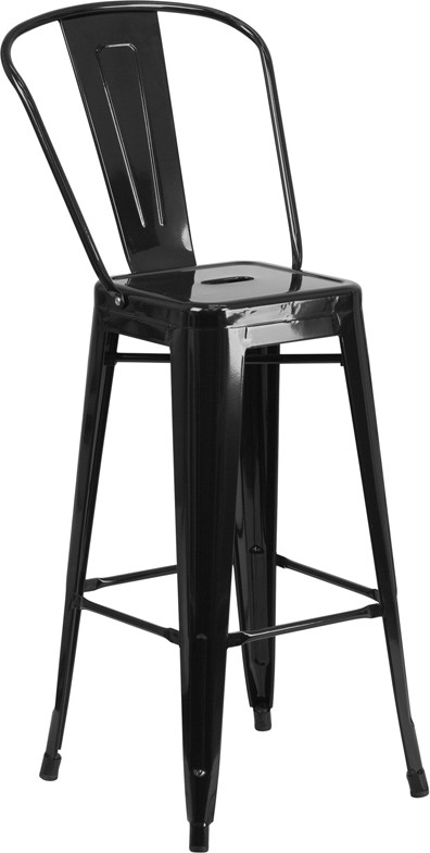 Commercial Grade 30" High Black Metal Indoor-Outdoor Barstool with Back
