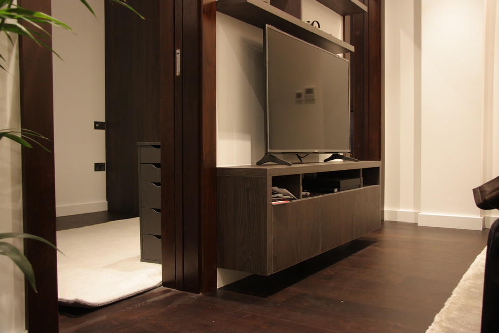 Wood veneer custom made media unit with floating shelves and wardrobe