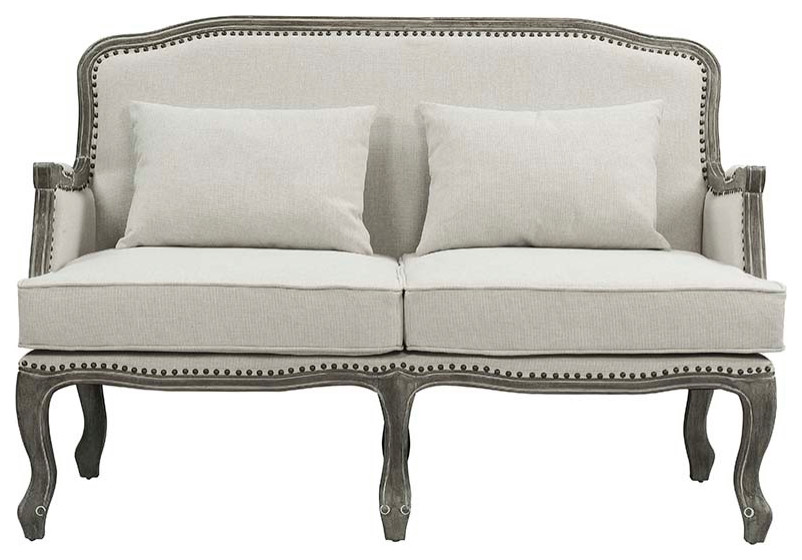 Acme Tania Loveseat With 2 Pillows Cream Linen and Brown Finish