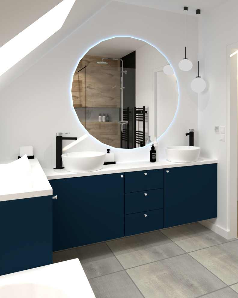 Inspiration for a mid-sized modern kids bathroom in Lille with an undermount tub, a curbless shower, black tile, wood-look tile, concrete floors, a vessel sink, wood benchtops, an open shower, a niche, a double vanity and a freestanding vanity.