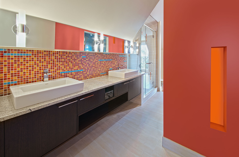 Design ideas for a modern bathroom in Ottawa with a vessel sink, red tile and mosaic tile.
