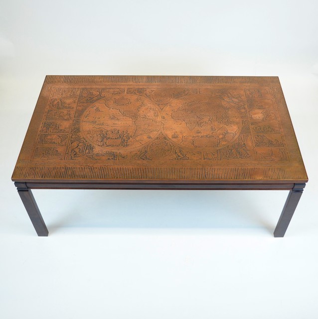 Danish  Mid Century Coffee Table w/Latin Map Copper Surface on a Rosewood Base