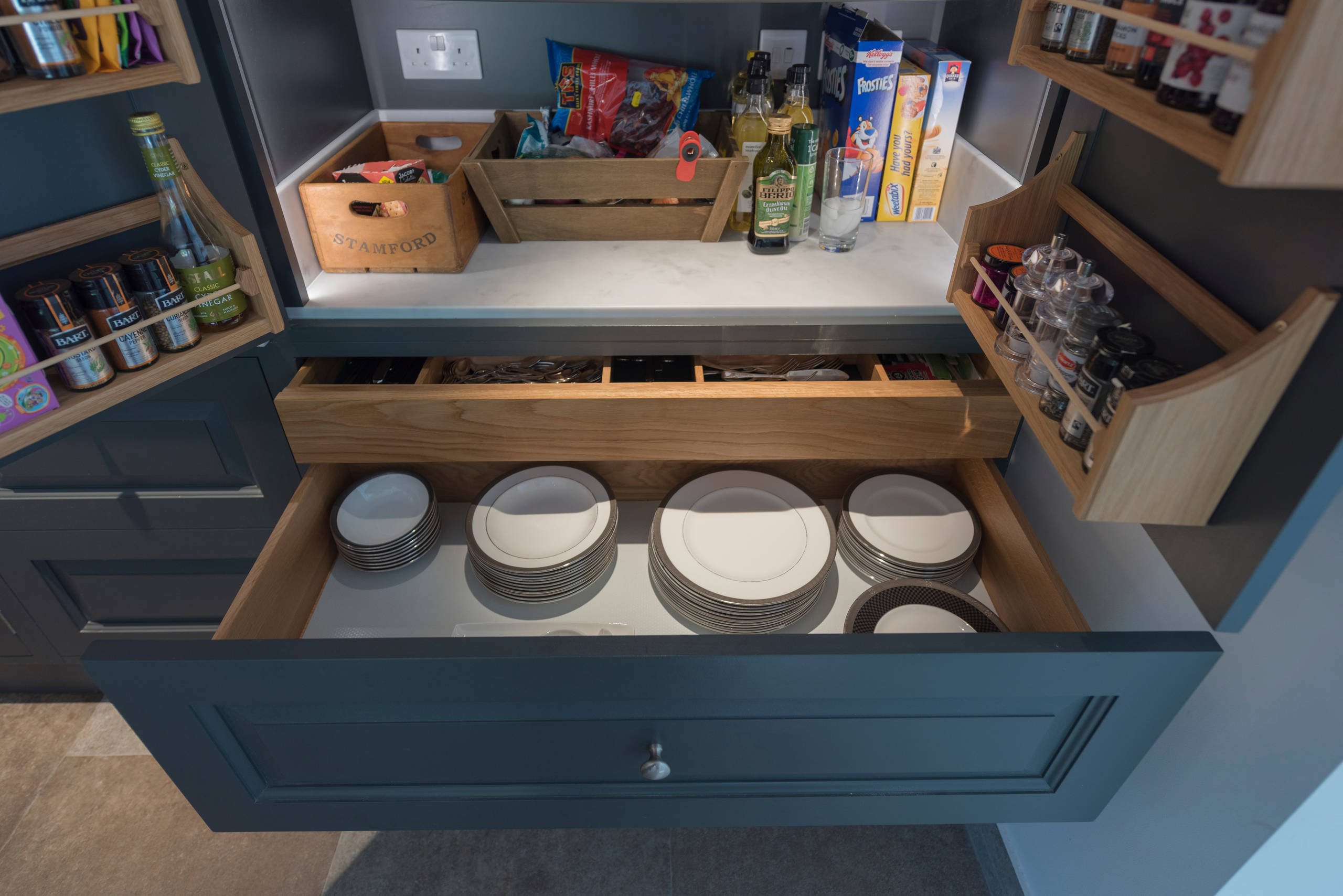 Grey Painted Balham Kitchen, with one side in Cherry