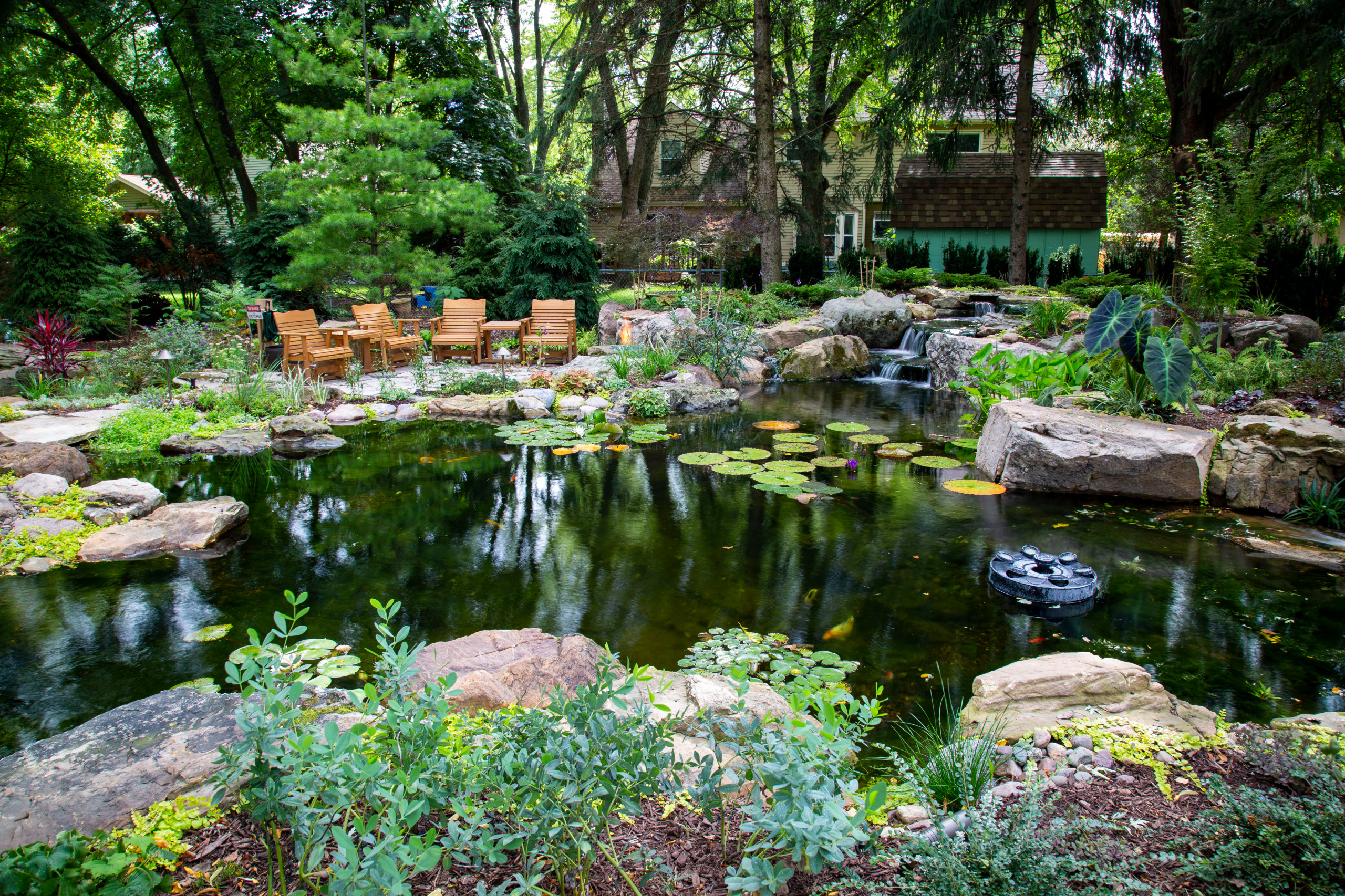 Outdoor Pond with Natural Stone Fire Pit