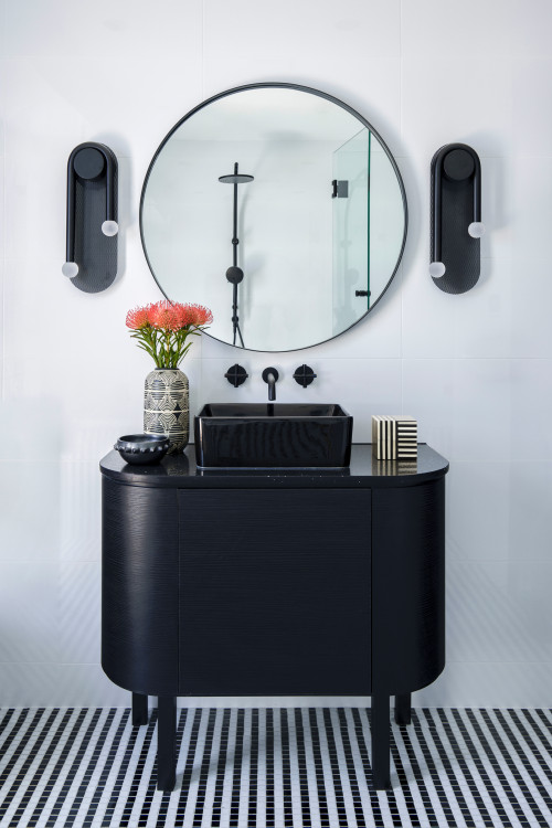 Contrasting Harmony: Black Vanity and Curved Design Elements for Bathroom Vanity Lighting Fixtures