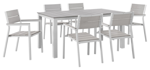Maine 7-Piece Outdoor Aluminum Dining Set, White Light Gray