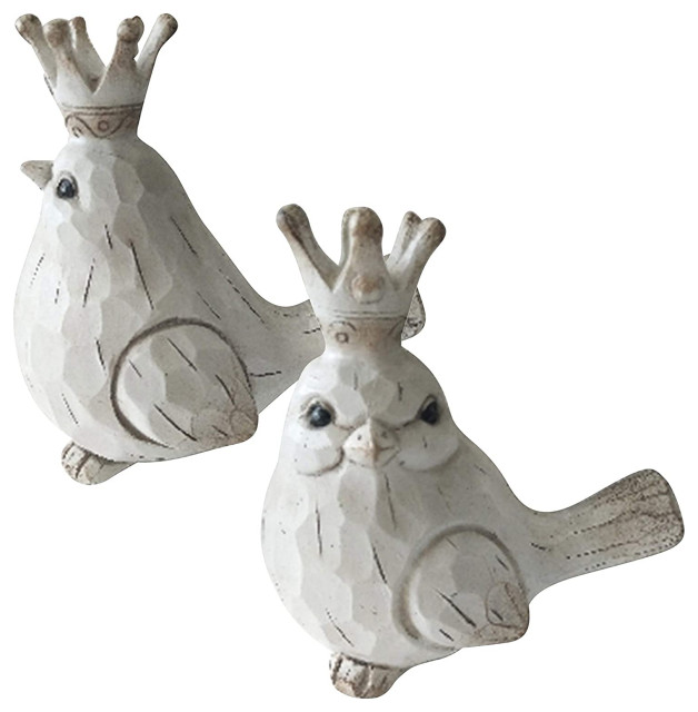 Distressed Polyresin Figurines Featuring Birds with Crowns, White, Set