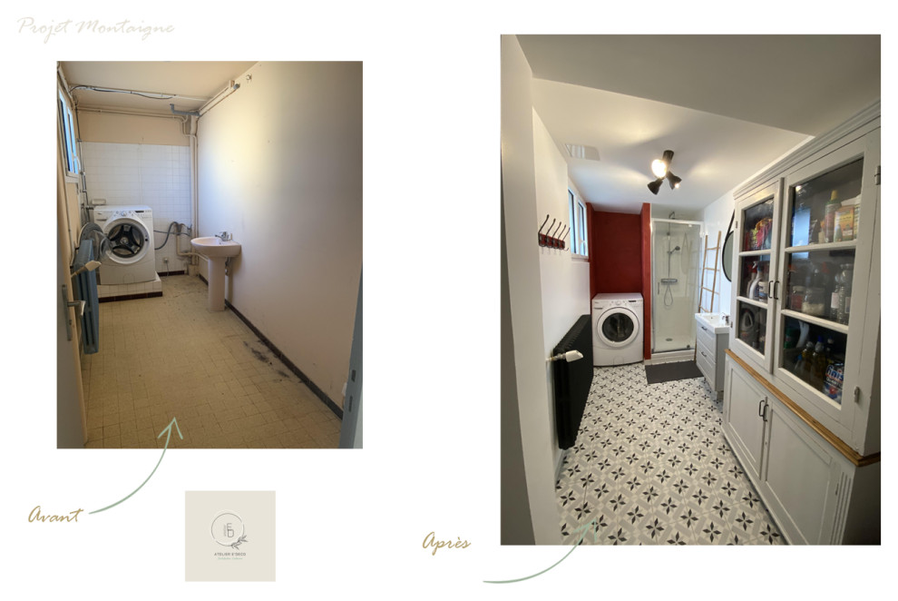 Design ideas for a mid-sized traditional l-shaped dedicated laundry room in Saint-Etienne with white splashback, red walls, ceramic floors, white floor and subway tile splashback.