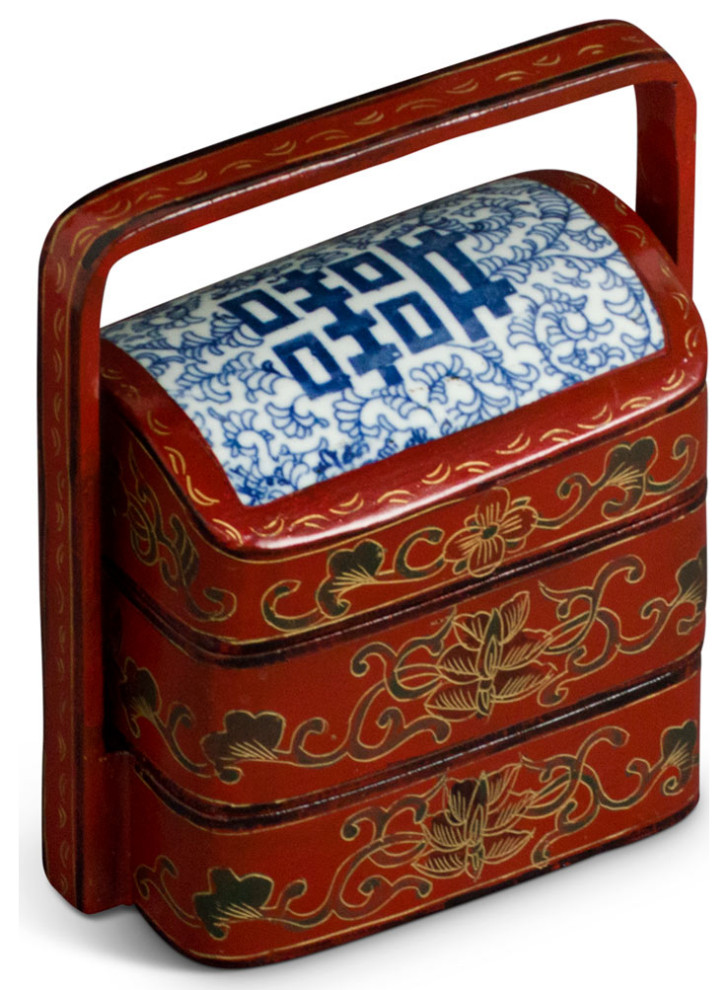 Vintage Red Lacquer Lunch Box with Blue White Double Happiness Porcelain Lid