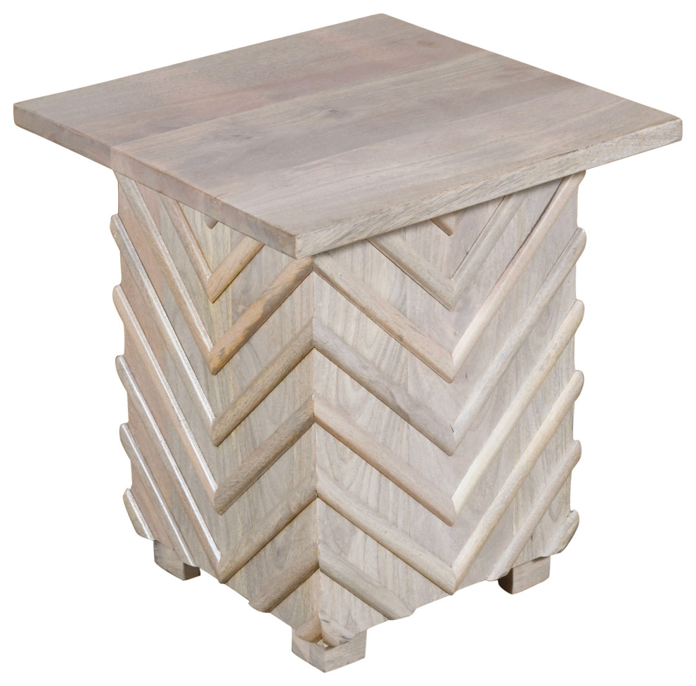 Zane Mango Solid Wood End Table With ZigZag Pattern, White Wash