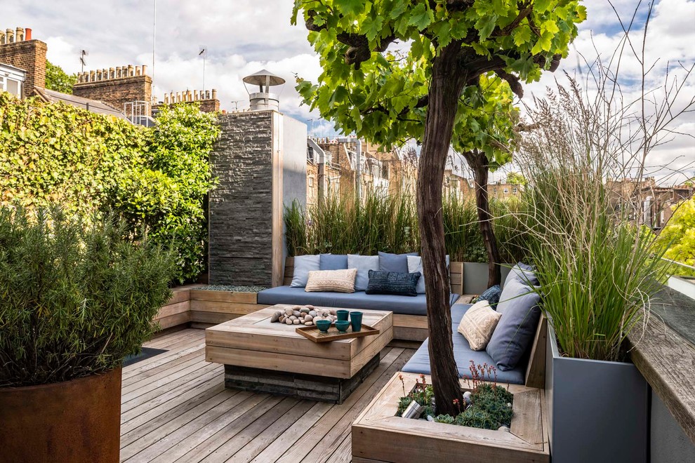 This is an example of a contemporary rooftop and rooftop deck in London with a container garden and no cover.