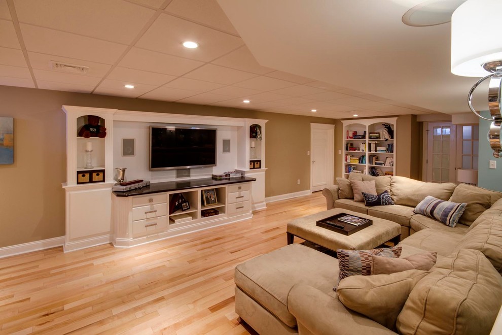 Mid-sized traditional basement in Boston with brown walls, light hardwood floors, no fireplace and brown floor.