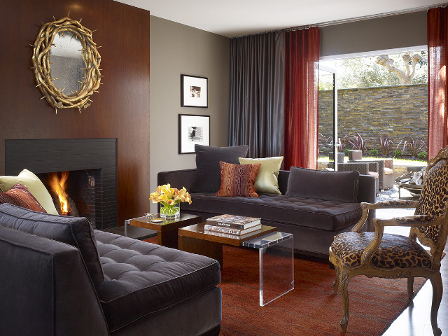 Design ideas for a contemporary living room in San Francisco with grey walls and a standard fireplace.