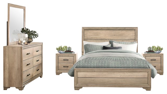 5 Piece Landen Rustic E King Bed Dresser Mirror 2 Nightstand 5 Piece Landen Rustic E King Bed Dresser Mirror 2 Nightstand Bleach Wood Transitional Bedroom Furniture Sets By Amoc