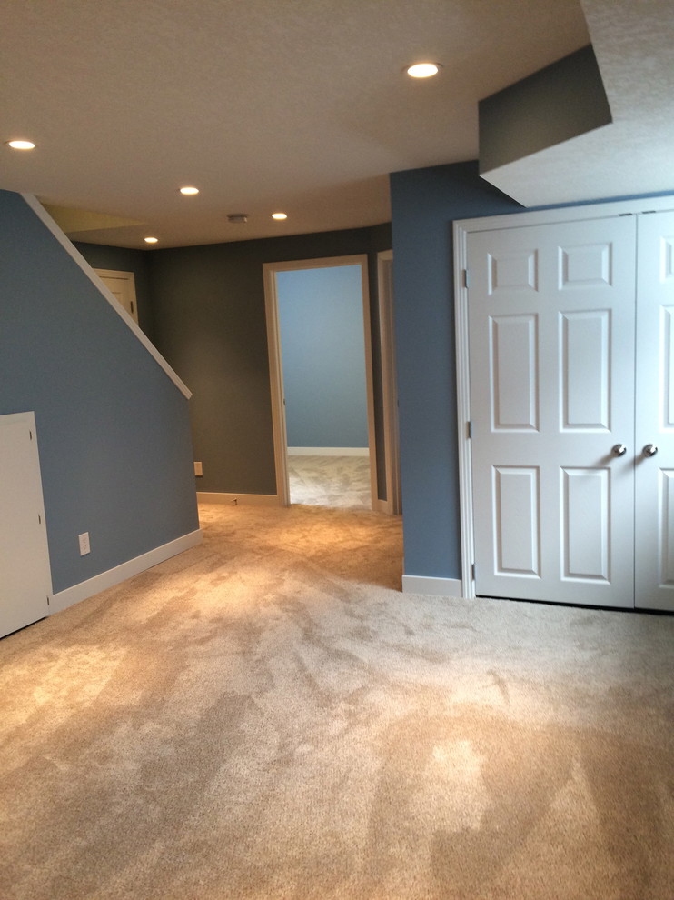 Mid-sized transitional look-out carpeted and brown floor basement photo in Calgary with gray walls and no fireplace