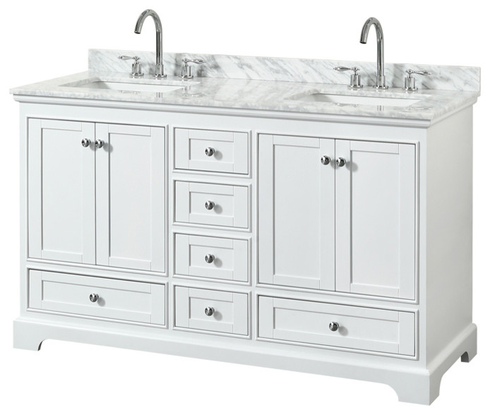 Deborah 60" White Double Vanity, Carrara Marble Top, Square Sinks, No Mirror
