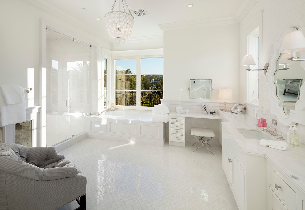 Inspiration for an expansive contemporary master bathroom in Los Angeles with recessed-panel cabinets, white cabinets, quartzite benchtops, white benchtops, an alcove tub, an alcove shower, an undermount sink, white floor and a hinged shower door.