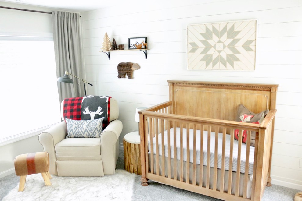 Mid-sized country nursery in Bridgeport with white walls, carpet and grey floor for boys.