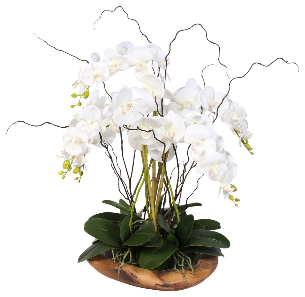 White Real Touch Phalaenopsis Silk Orchid Arrangement in a Natural Teak Bowl