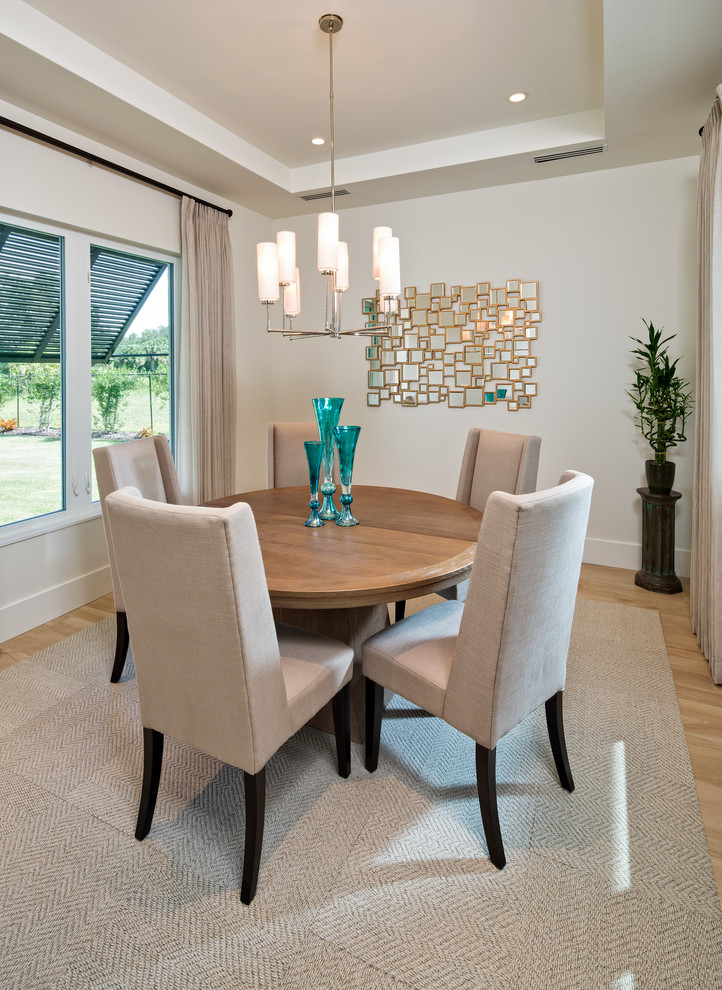 Transitional separate dining room in Dallas with white walls, light hardwood floors and beige floor.