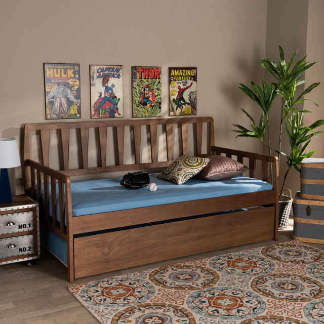 Bree Walnut Effect Modern Farmhouse Daybed With Trundle - Transitional ...