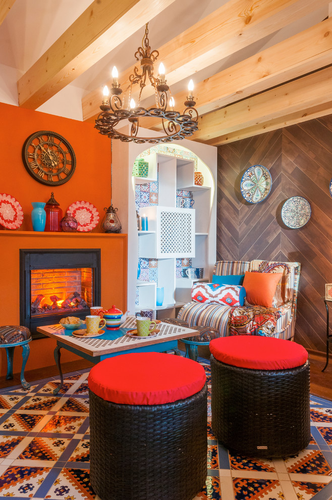 Design ideas for a mid-sized asian enclosed living room in Moscow with orange walls, dark hardwood floors, a ribbon fireplace, a plaster fireplace surround and multi-coloured floor.