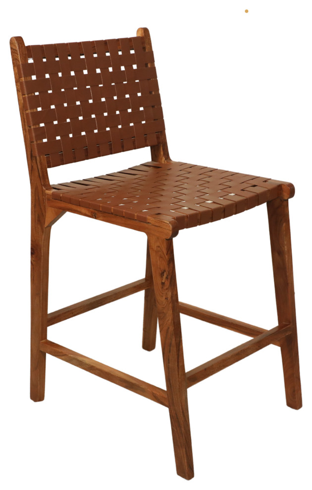 Whitney 24"H Leather Weave Barstool, Honey Gold and Tan Midcentury
