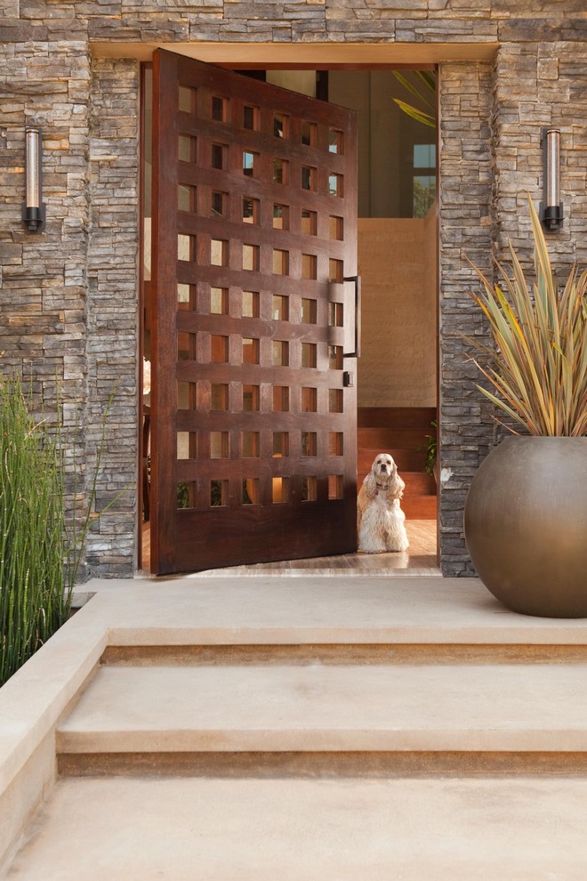Country entryway in Los Angeles with a pivot front door and a dark wood front door.