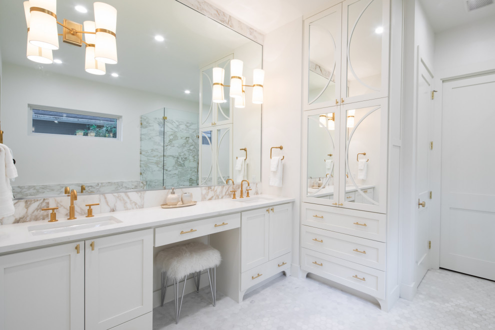 Transitional master marble floor and multicolored floor bathroom photo in Austin with shaker cabinets, white cabinets, white walls, an undermount sink and white countertops
