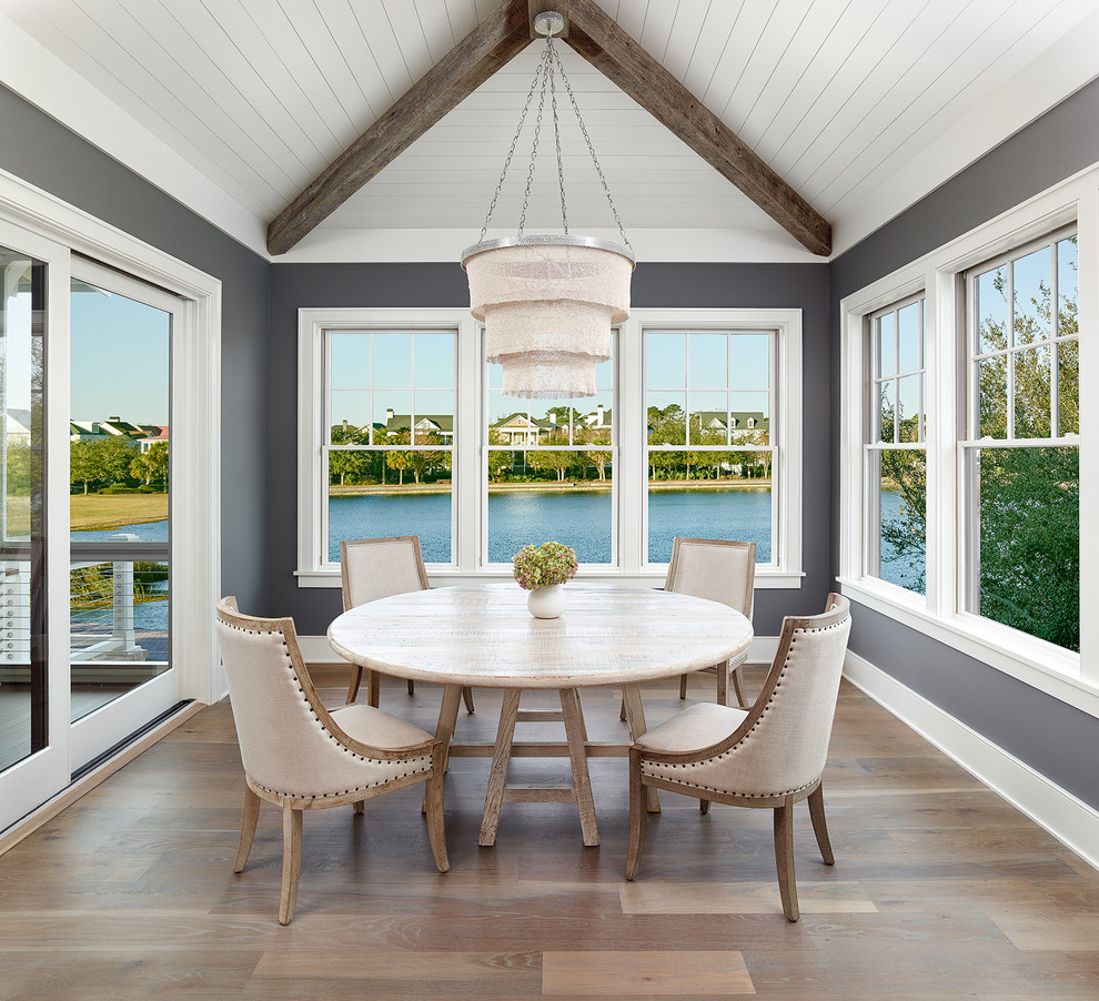 Photo of a beach style separate dining room in Charleston with grey walls, no fireplace and light hardwood floors.