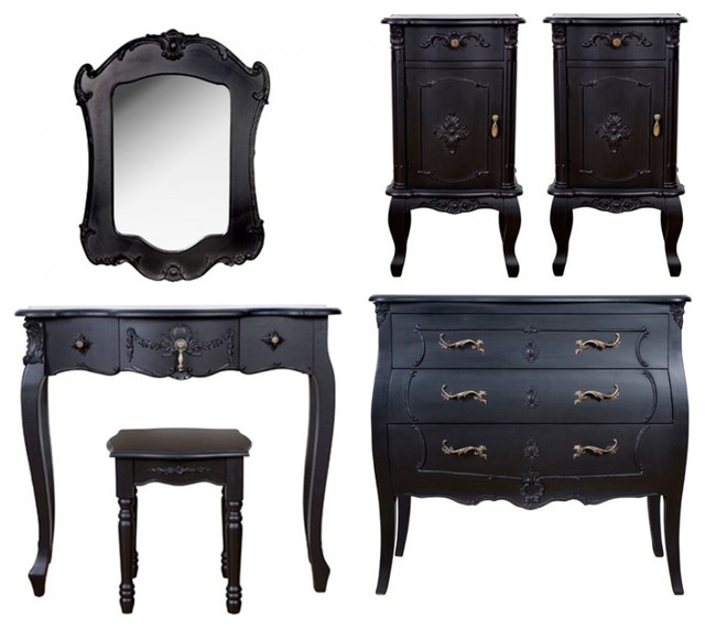 Six Piece Rococo Style, Bedroom Furniture Set in Black
