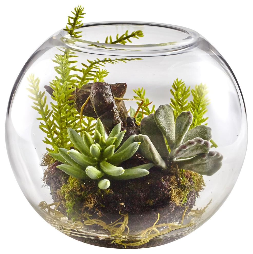 Artificial Plant Mix Succulent Garden With Glass Vase Silk Plant