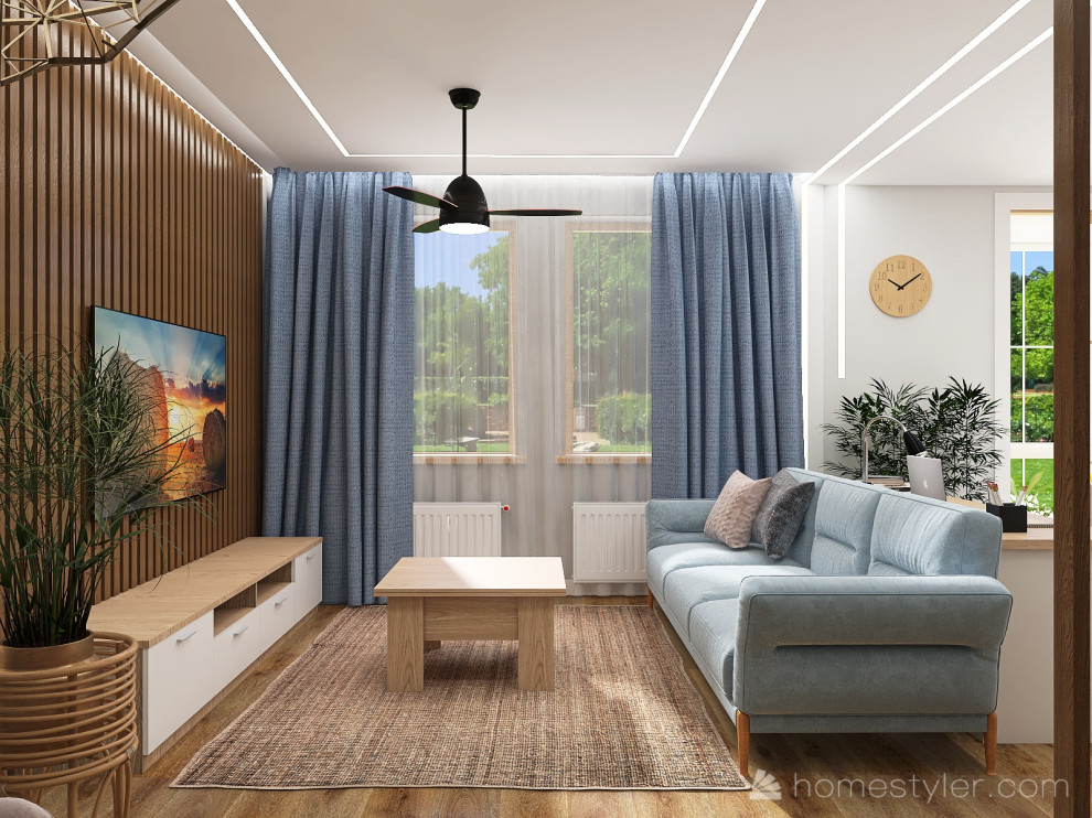 Проект кухни-гостиной в большой двухкомнатной квартире