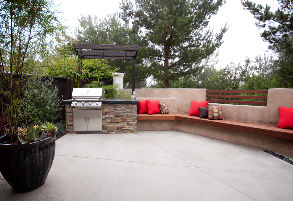 Small contemporary backyard patio in San Diego with a water feature, concrete pavers and no cover.