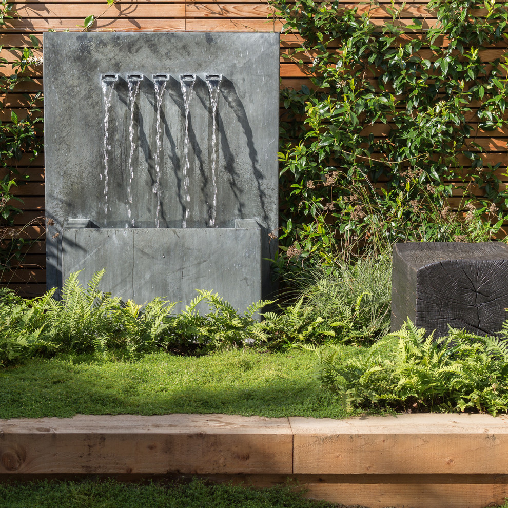 This is an example of a contemporary full sun formal garden for summer in London with a water feature.