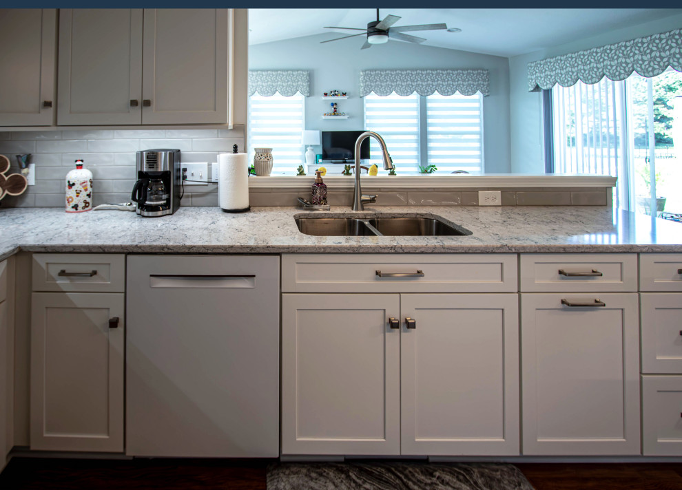 White Shaker Kitchen w/ Pietra Quartz Countertops & Gray Subway Tile ...