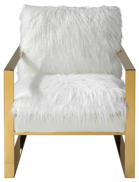 Luxe Glam Shaggy Faux Shearling White Gold Arm Chair Retro Midcentury Modern Contemporary Armchairs And Accent Chairs By My Swanky Home Houzz