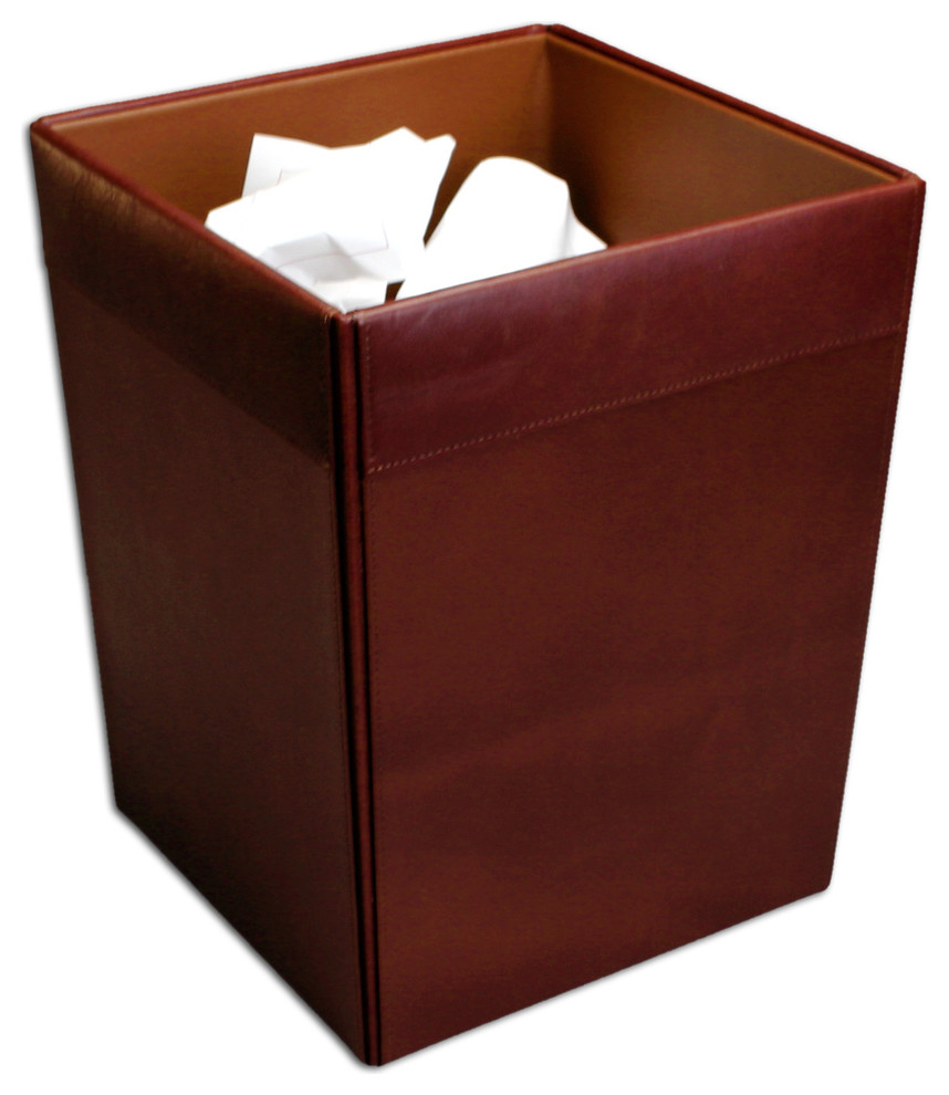 A3403 Chocolate Brown Leather Square Waste Basket Contemporary