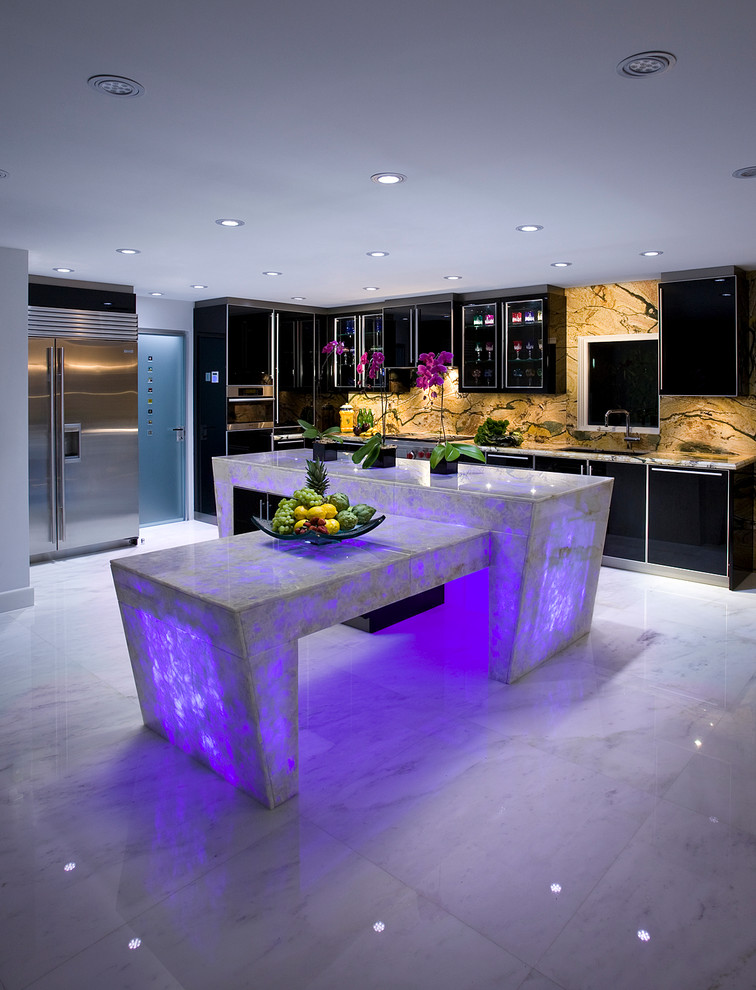 This is an example of a large contemporary l-shaped kitchen in Miami with purple benchtop, an undermount sink, flat-panel cabinets, black cabinets, quartzite benchtops, multi-coloured splashback, stone slab splashback, stainless steel appliances, marble floors, with island and white floor.