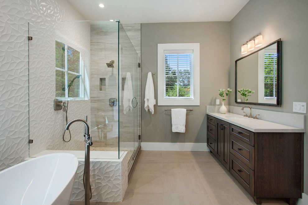 Design ideas for a mid-sized country master bathroom in San Francisco with an undermount sink, recessed-panel cabinets, dark wood cabinets, engineered quartz benchtops, a freestanding tub, white tile, porcelain tile, grey walls and an alcove shower.