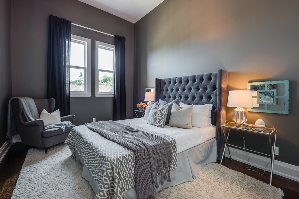 Photo of a mid-sized transitional master bedroom in Toronto with grey walls, dark hardwood floors and no fireplace.