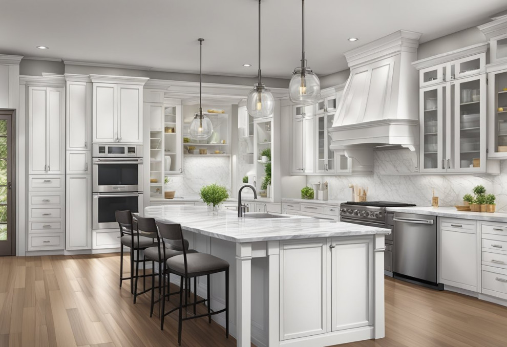 A kitchen with white cabinets